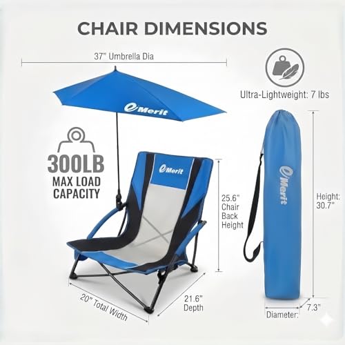 Image of EMERIT Beach Chair with 360 Adjustable UPF 50+ Umbrella, 300 lbs Heavy Duty Capacity Low Profile Sand Chair, 7 lbs Lightweight Backpack Folding Chair for Soccer Sidelines, Concerts & Camping