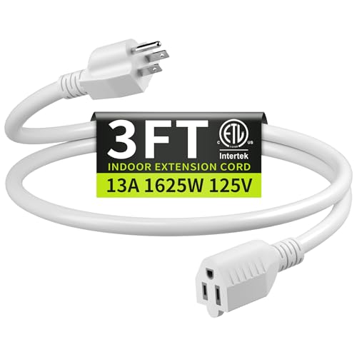 16/3 White Extension Cord 3 FT Indoor Extension Cord for Laptops Coffee Makers Office Home Appliances 3 Prong Resistant Cable Flexible 13A 125V 1625W ETL Listed