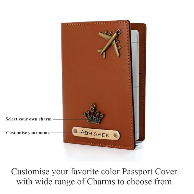 Image of Personalized Passport Cover with Name & Charm, Tan Travel Passport Holder for Men & Women, Premium Leatherette Case for Documents & Cards (Tan)