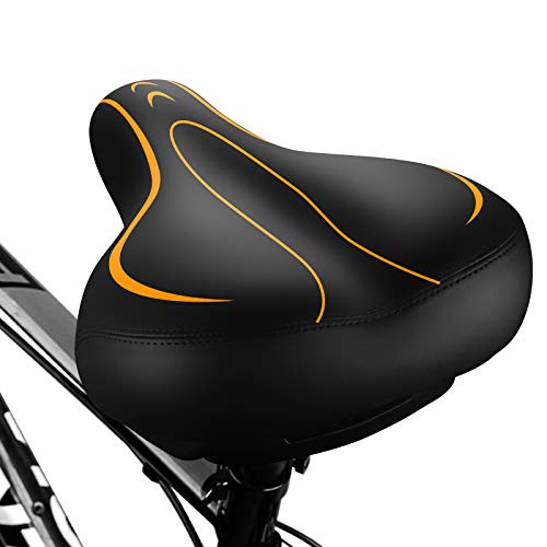 BLUEWIND Most Comfortable Bicycle Seat, Bike Seat Replacement with Dual Shock Absorbing Ball Wide Bike Seat Memory Foam Bicycle Gel Seat with Mounting Wrench (Orange)