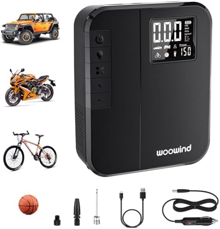 Woowind Ventus Ride Pompa per Bicicletta, 150 PSI/10,3 Bar, Gonfiatore Elettrico Portatile, Gonfiaggio in 2 minuti, Compressore Aria Portatile con valvole Presta, Schrader per strada, MTB & e-bike