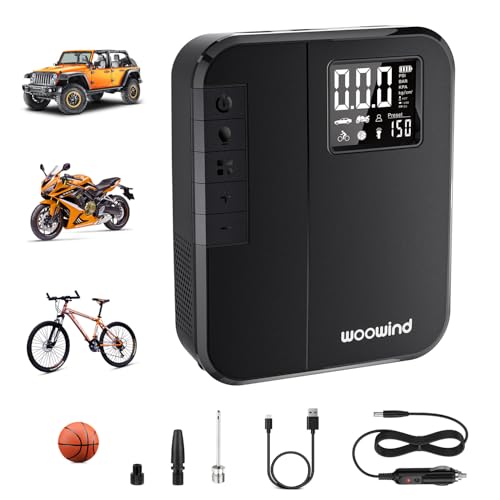 Woowind Elektryczna pompka rowerowa z pompką rowerową, przenośna pompka do opon rowerowych, automatyczne wyłączanie z zaworem Presta Schrader Dunlop (DP3-B)