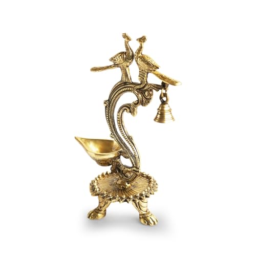 Image of ExclusiveLane 'Peacock Pair' Brass Oil Diya for Pooja Room With Gem Work (100% Pure Brass, 1 Wick, 20 ml, 1.3 Kg)|Brass Diyas for Pooja Diyas for House Warming Table Diya Diwali Return Gifts for Pooja