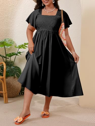 Image of Floerns Women's Plus Size Floral Square Neck Flounce Short Sleeve A Line Maxi Dress