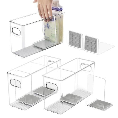 Image of Breastmilk Storage Container with L Shaped Dividers to Flatten Standing Breast Milk Bags in Organizer Bins Save Refrigerator Space | 2 Containers with Removable Separator Boards - Gray