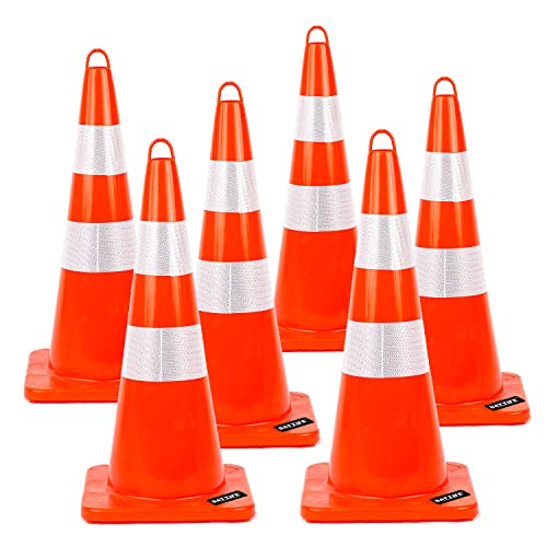 Battife 28'' inch Traffic Safety Cones 6 pcs with Reflective Collars, Durable PVC Orange Construction Cones for Home Road Parking Use