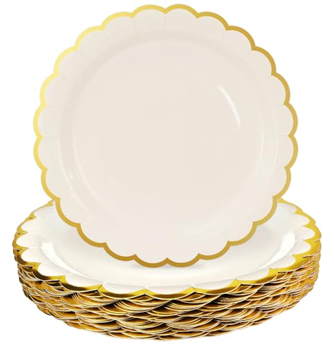 Image of HEIPINIUYE 50 Pieces Ivory Paper Plates with Gold Foil 9 Inch Disposable Ivory Scalloped Dinner Plates for Wedding Baby Shower Birthday Party Dessert Plate