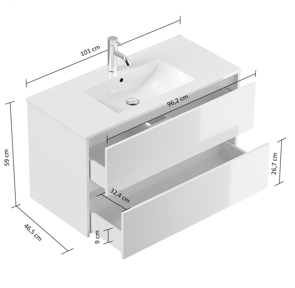 Badmöbel Set Taifun 3tlg. 100 cm mit LED Spiegel & Hochschrank