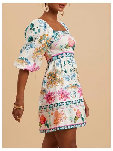 Floerns Women's Floral Tie Back Puff Sleeve A Line Dress Square Neck Boho Dresses4