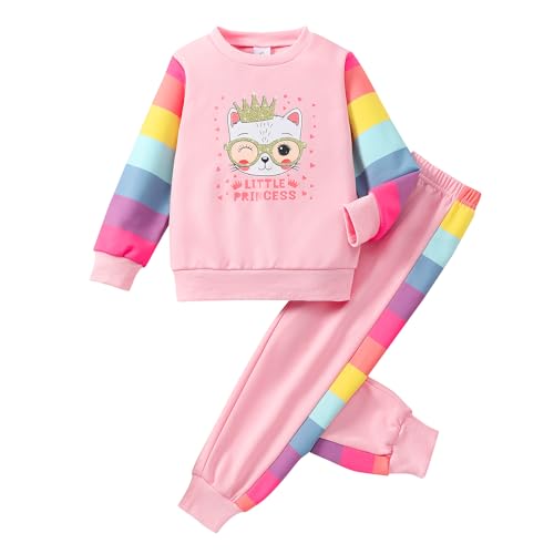 Image of Tkria Little Girls 2 Piece Outfits Rainbow Color Sweatsuits Long Sleeve Sweatshirt + Pants Set Winter Sweatpants Clothes Sets