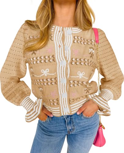 Saodimallsu Womens Cropped Cardigan Striped Puff Ruffle Sleeve Cute Graphic Button Bow Knitted Sweater Outerwear