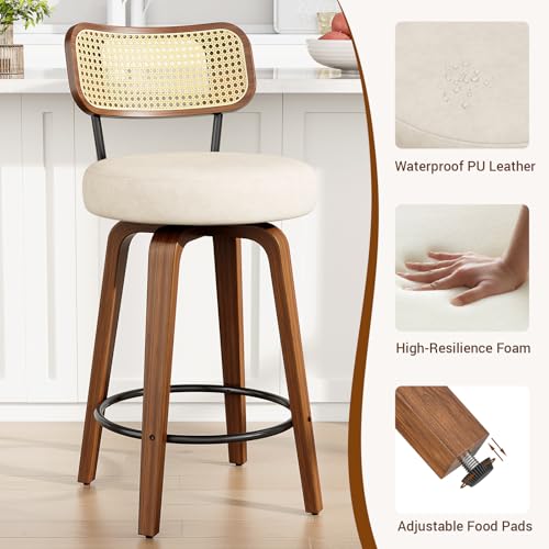 Image of YaFiti Swivel Bar Stools Set of 4, 26''H Upholstered Barstools with Rattan Backs and Wood Legs, PU Leather Counter Height Bar Chairs for Kitchen Island, Cream White