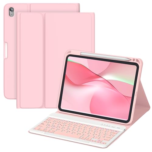 MMK Funda con Teclado para iPad A16 11ª Generación 2025/10ª Generación 2022, QWERTY Español Ñ, Funda Teclado iPad 11/10 Gen Bluetooth Inalámbrico Desmontable (Rosado)