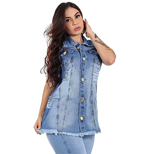 Max Colete Jeans Feminino Longo Com 2 Bolso Super Lindo Azul 1 (G4, Azul Claro)