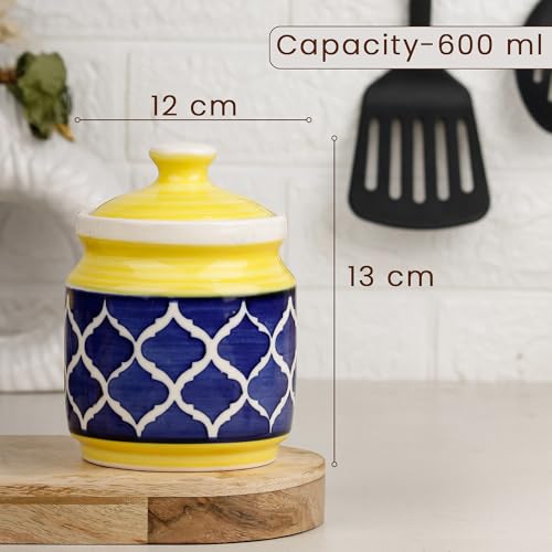 Image of The Earth Store Yellow Blue Moroccan Ceramic Jar with Wooden Tray | 600ml Each | Pickle Jar | Kitchen Storage Container Set for Pickle, Cookies, Sugar, Tea, Coffee - 2 Jars & 1 Tray Combo Set