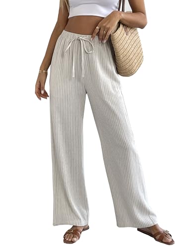 heipeiwa Women's Linen Pants Striped Summer Boho Straight Wide Leg Beach Lounge Casual Trousers
