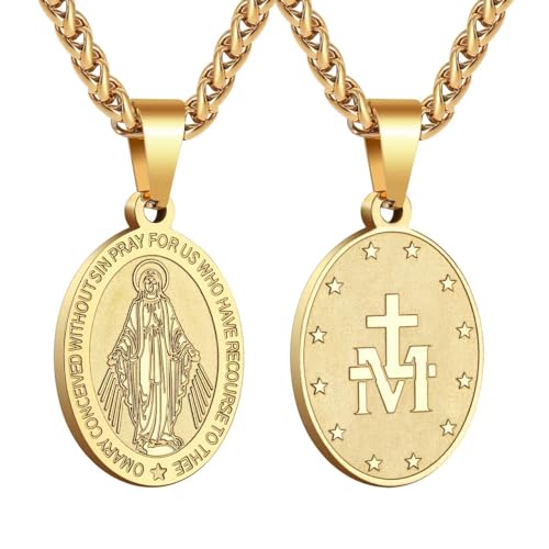 P. BLAKE Oval Saint Christopher/Michael/Joseph/Jude/Virgin Mary/Joseph/Francis/Patrick/Anthony/Benedict/Thomas Necklace for Men Women, Stainless Steel Catholic Patron Pendant with Chain 24 Inches