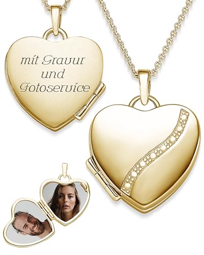 Amoonìc Medaillon zum Öffnen für Bilder Gelbgold Herz | personalisierte Kette Damen | Foto Amulett Anhänger zum Aufklappen | Halskette Herzkette mit Gravur