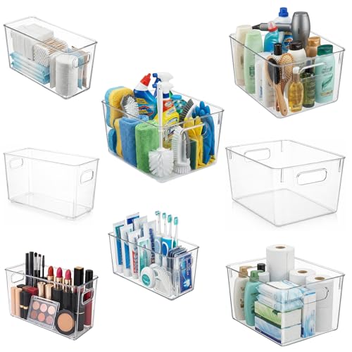 MOONEDGE 8 Pack Modular Clear Plastic Storage Organizer Bins – 4 Large & 4 Narrow, Nestable Space-Saving System for Pantry, Kitchen, Fridge, Bathroom & Cabinet Organization - Versatile & Easy to Use