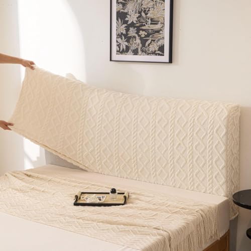 Image of HOMETHREADS Stretchable Lycra /Velvet Headboard Cover | Soft, Dust-Proof & Wrinkle-Resistant Bed Back Protector | Fits Leather, Wooden & Fabric Bedsides | for 5ft to 6.5ft Beds (Cream, 150x65cm)
