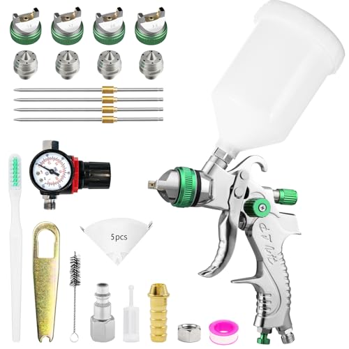 HVLP Lackierpistole Spritzpistole 4 Düsen 1,4mm 1,7mm 2,0mm 2,5mm Profi Farbsprühsystem Spraypistole mit 600 ml Plastikbecher Luftdruckregler Lacksiebe Lackfilter (grün)