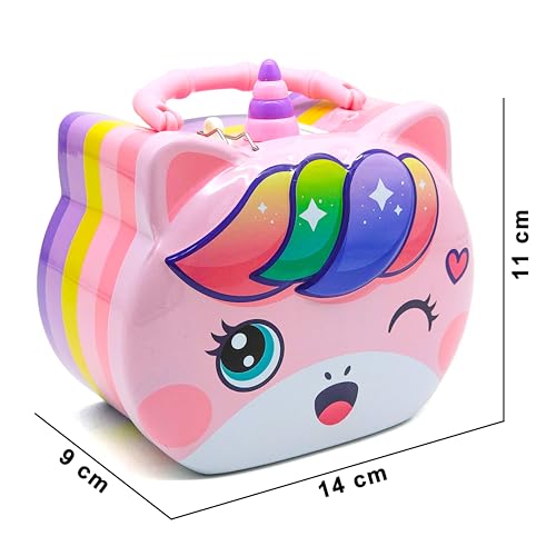 Image of VGRASSP Unicorn Theme Metal Piggy Bank Toy for Kids - Cute Money Safe with Lock and 2 Keys - Gullak Coin Box Gift for Boys and Girls - Color As Per Stock