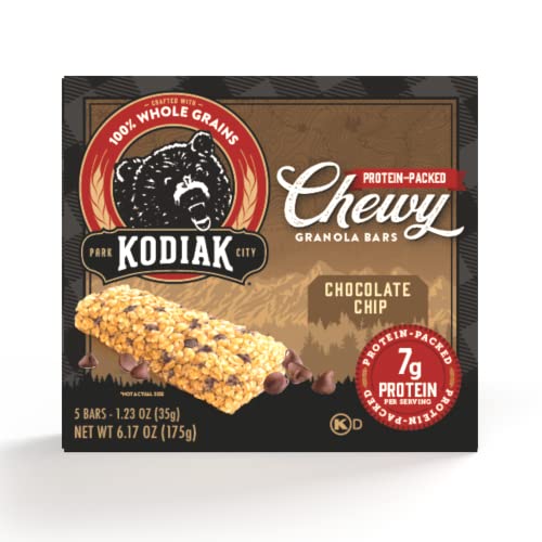 Kodiak Cakes Chewy Granola Snack Bars, Chocolate Chip, High Protein, 100% Whole Grains, 1 box with 5 bars