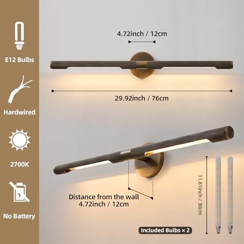 Image of Museum Gallery Bathroom Picture Light - 30 Inch Long Bronze Brass Dimmable Hardwired Wall Sconces with E12 Bulb - Frame Pictures Art Deco Sconce Lights for Painting Photo Artwork Library Vanity Over