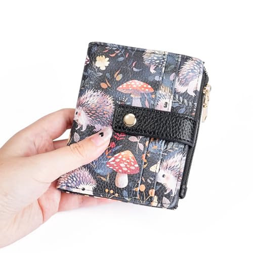 Image of GOIACII Small Wallet for Women Leather Bifold Zipper Coin Pocket RFID Blocking Cute Credit Card Holder Hedgehog Print