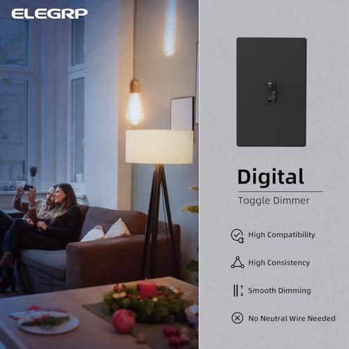 Image of ELEGRP Digital Dimmer Switch for LED /CFL, Toggle Dimmer Switch with Decorative Frameless Design Wallplate, Single Pole /3-Way, UL Listed, 6 Pack, Black