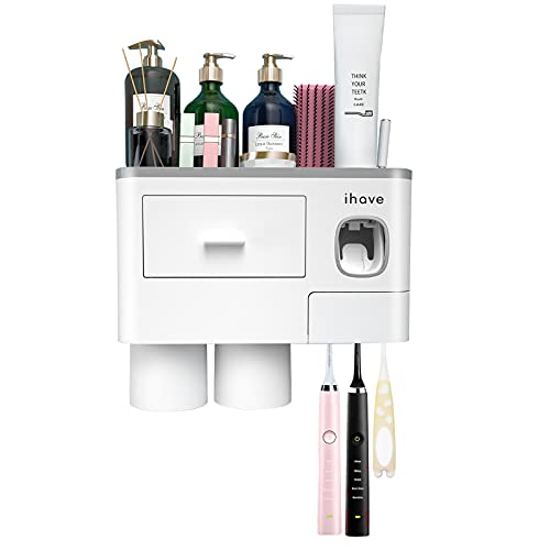 iHave Toothbrush Holders for Bathrooms, 2 Cups Toothbrush Holder Wall Mounted with Toothpaste Dispenser - Large Capacity Tray, Cosmetic Drawer - Bathroom Decor & Bathroom Accessories by iHave - Image 8