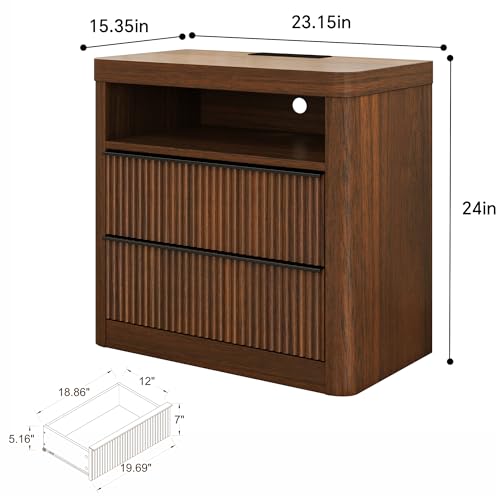 Image of Night Stand,Fluted Nightstands with Drawer Storage Bedside Table Large Modern Nightstand with USB Port and Outlet, Mid Century Nightstand for Bedroom,Sofa Table(Walnut)