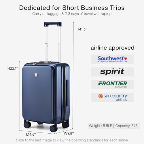 Image of Hanke Grace Suitcases with Wheels Hardshell Carry On Luggage Airline Approved, 20 Inch Travel Suitcase Lightweight Tsa Luggage for 2-3 days Short Business Trips., Dark Blue, 20 Inch Expandable