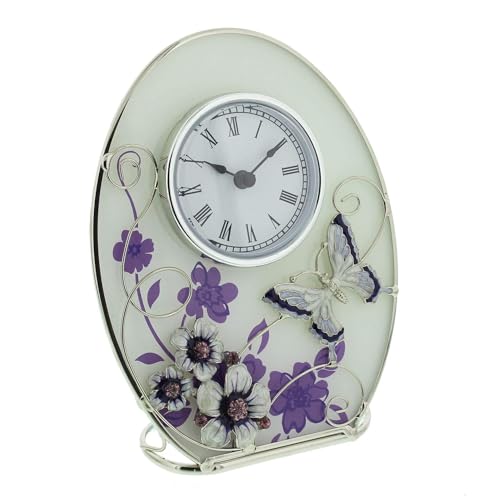 Lavender Butterfly and Flowers Glass Oval Clock - Make An Excellent Gift For That Special Lady. Ideal Birthday / Anniversary Gift