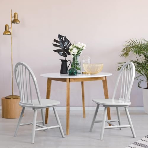 Image of COSTWAY Windsor Dining Chairs Set of 2, Mid-Century Modern Wood Chairs w /Spindle Back & Reinforced H-Shaped Legs, Farmhouse Armless Kitchen Chair for Living Dining Room, Restaurant (White)