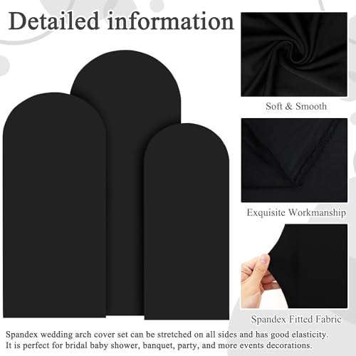 Image of FOTSHARER Spandex Fitted Wedding Arch Cover Set of 3 Black Arch Covers Stretchy Backdrop 6FT 6.6FT 7.2FT Round Top Back drop Cover for Arches Stand Wedding Arch Cover Backdrop Fabric for Parties Decor