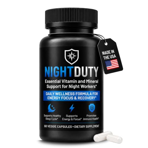 NIGHTDUTY Night Shift Essentials Multivitamin for Night Workers, Nurses & First Responders - Energy, Focus & Sleep Support, D3, B-Complex, Magnesium & Zinc, Caffeine-Free, Melatonin-Free, 60 Capsules