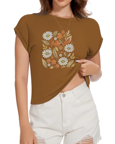Image of Womens Crop Tops Summer Roll Cap Sleeve Cropped Tshirt Loose Fit Basic Tees