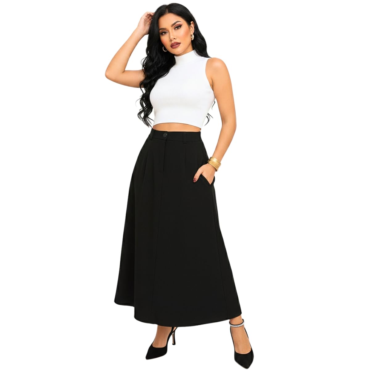 Saia Feminina Cintura Alta Longa Moda Evangélica Estilo Alfaiataria Com Abertura Para Cinto Com Bolsos Na Frente Fechamento Em Zíper Luxuoso