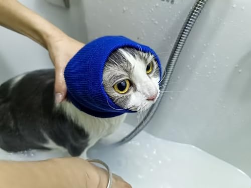 Image of Cat Head Cover Ear Wrap Pinpoint Mesh Neck Cowl Cat Grooming Headband Snood for cat Purple+Blue S