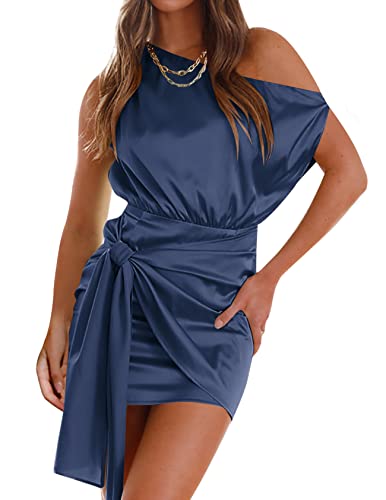Zesica Women's 2023 Sexy Satin One Shoulder Sleeveless Ruched Tie Waist Wrap Bodycon Cocktail Party Mini Dress,Navy,Large #TOP21