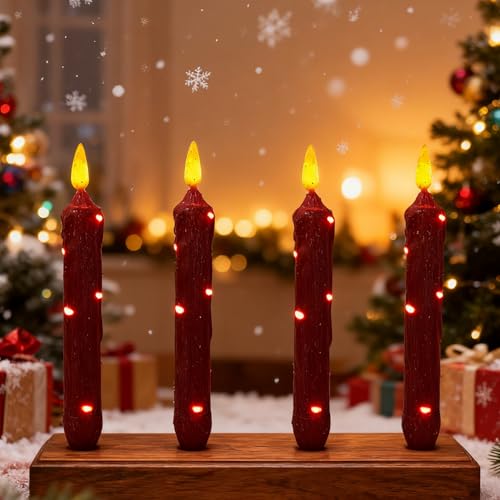 Image of 6.5 Inches Primitive Real Wax LED Flameless Red Short Candlesticks Hand Dipped Battery Operated Candles with Timer Remote Candles for Christmas Vintage Rustic Home Decor, Pack of 4(Red)