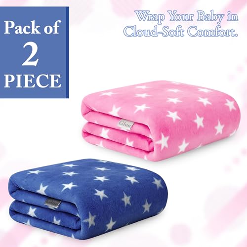 Image of GLUN Fleece Baby Blanket for Newborn, Pack of 2 Different Colours Pink & Navy Blue Combo, All-Season Blanket Ultrasoft Baby Blanket for Babies