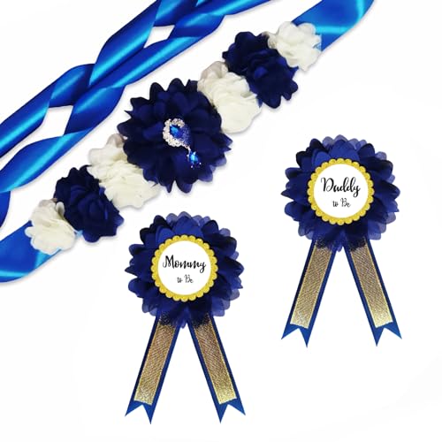 Maternity Sash and Corsage Pin Set 3pcs, Mommy and Daddy to Be Corsage and Rhinestones Flower Maternity Sash for Pregnancy Photo Props for Baby Shower...