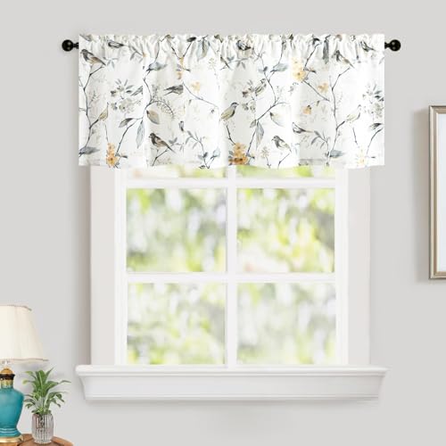 Leeva Faux Linen Valances for Windows, Birds Print Pattern Home