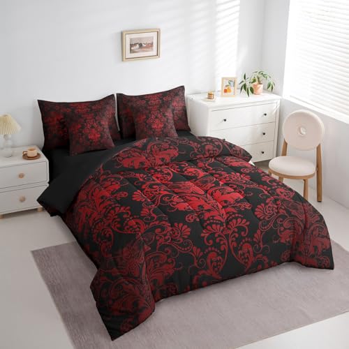 Erosebridal Gothic Damask 7 Piece Comforter Set Full Bed in a Bag,Exotic Moth Bedding Sets Red Black Victorian Floral Goth Sheet Set with Comforter - Image 2