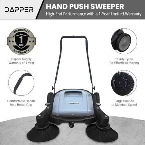 Image of Dapper Supply Walk-Behind Outdoor Hand Push Floor Sweeper - 10.5 Gallon Capacity - 36 inch Sweeping Width - Sweeps up to 39,500 ft /Hour, Grey