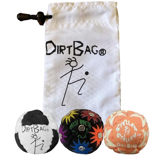 DIRTBAG All Star Footbag Hacky Sack 3 Pack with Pouch, 100% Handmade, Premium Quality, Bright Vivid Colors, Signature Carry Bag