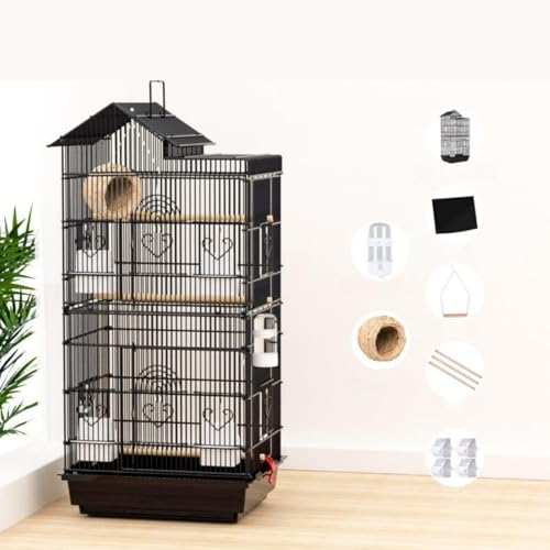 jqgksb鳥かご 大型高級ケージ レベル3 インコ オウムの鳥小屋、複数のペット用、 鳥かご インコ 持ち運び 鳥 鳥小屋 引き出し式トレイ セキセイインコ オカメインコ ボタンインコ (シングルケージ+7点セット,ブラック)