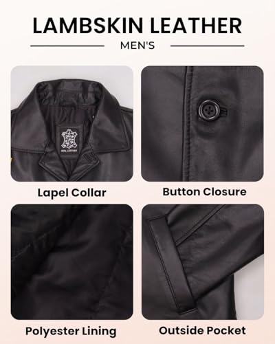 Image of Blingsoul Mens Leather Coat - Mid-Length Real Lambskin Long Leather Jacket Men
